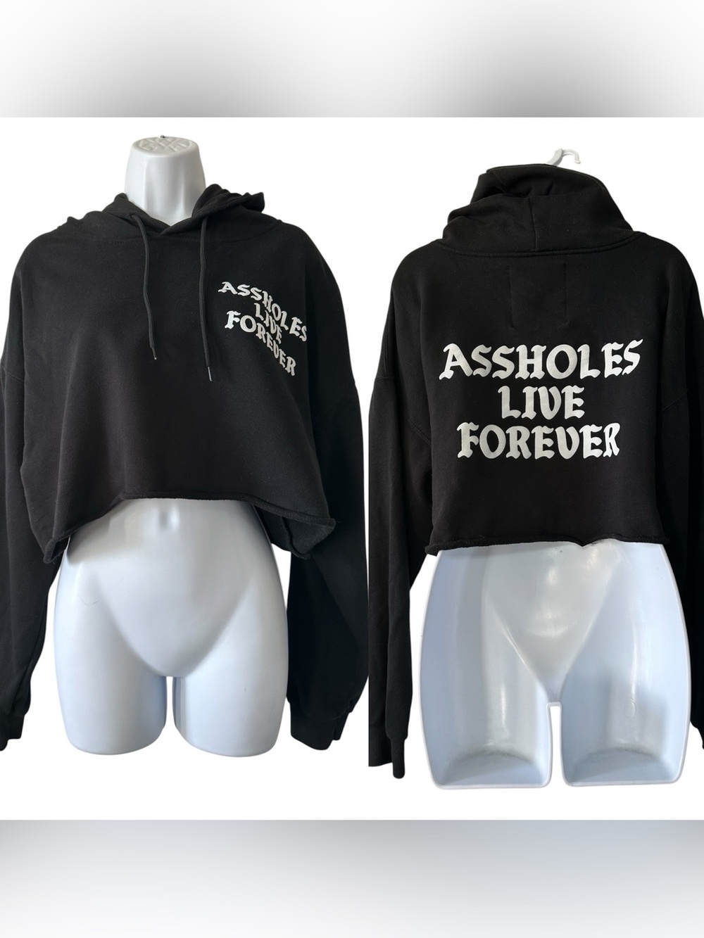 Assholes Live Forever Women’s Black Raw Hem Cropped Hoodie Sweatshirt- Large